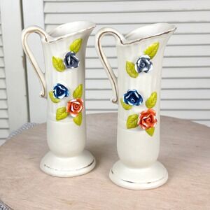 UCGC 60s Cream Capodimonte Vase Pair Orange Cobalt Blue Floral Pitcher MCM Decor